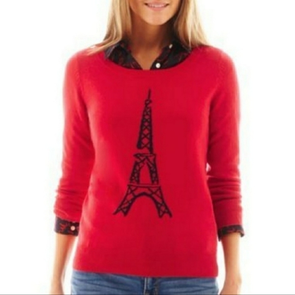 JC Penny JCP Eiffel Tower Graphic Knit Sweater Red Black Women's Small S Prep - Picture 2 of 8